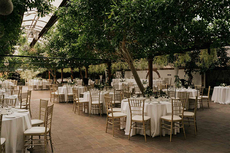 Madison Greenhouse Wedding Venue Tables and Green Trees